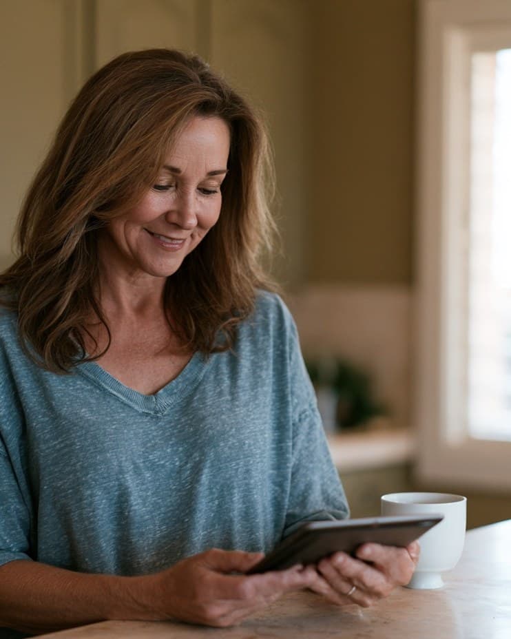 Reading the day's visit note on a tablet at home
