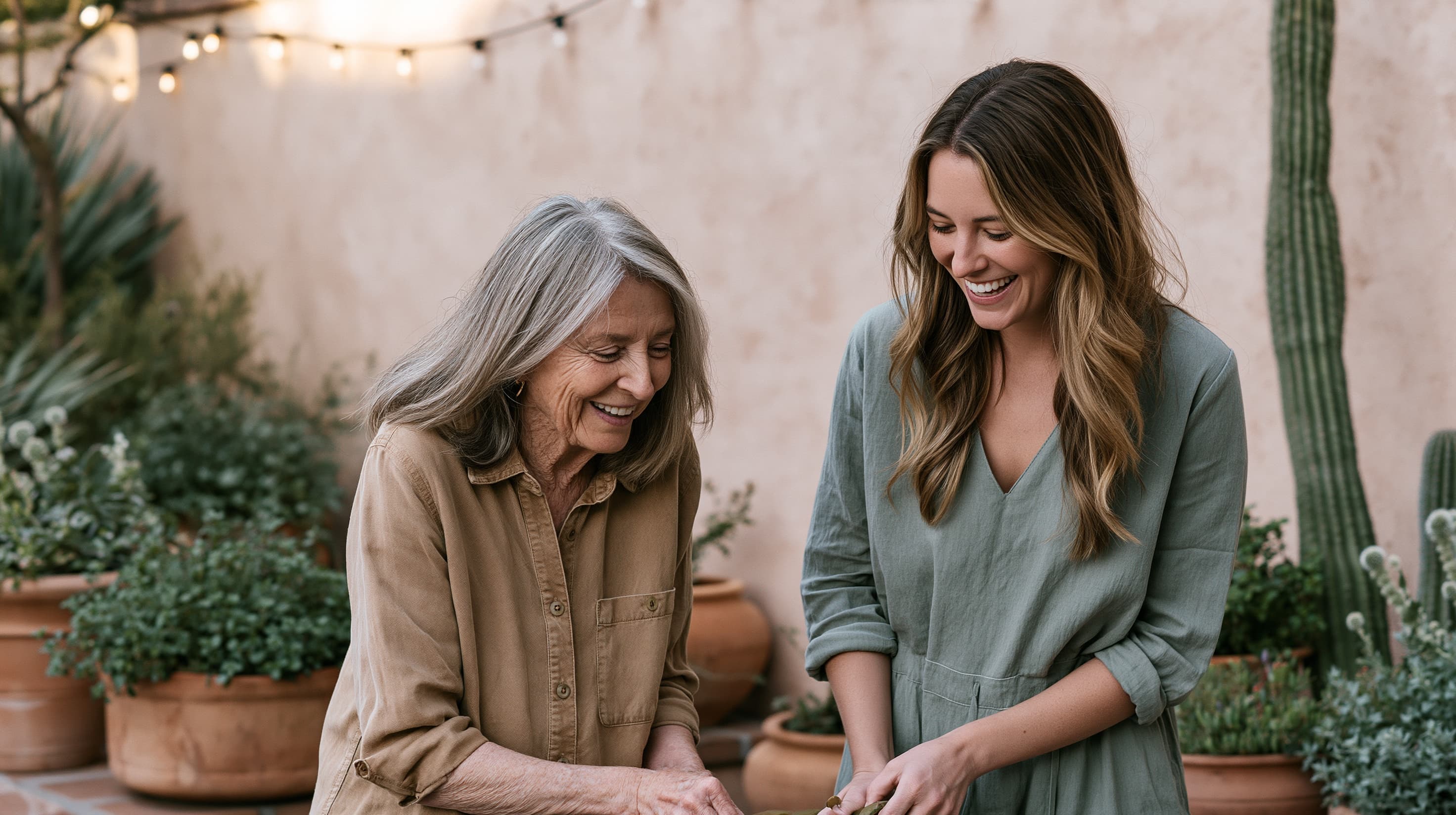 An older woman and her caregiver laughing together over a potted plant on a sunlit patio